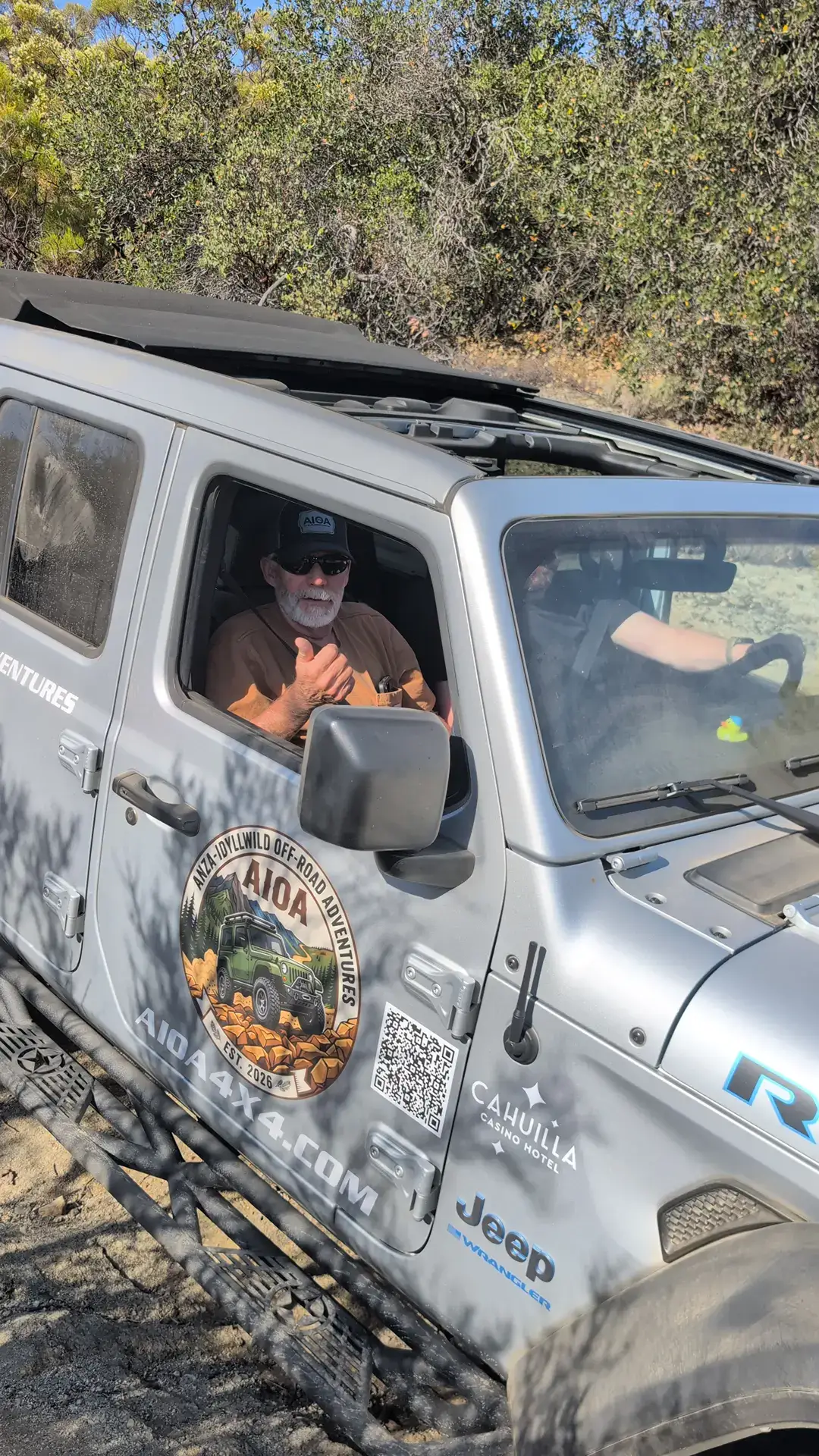AIOA guide in the silver Rubicon on the Cahuilla Mountain trail