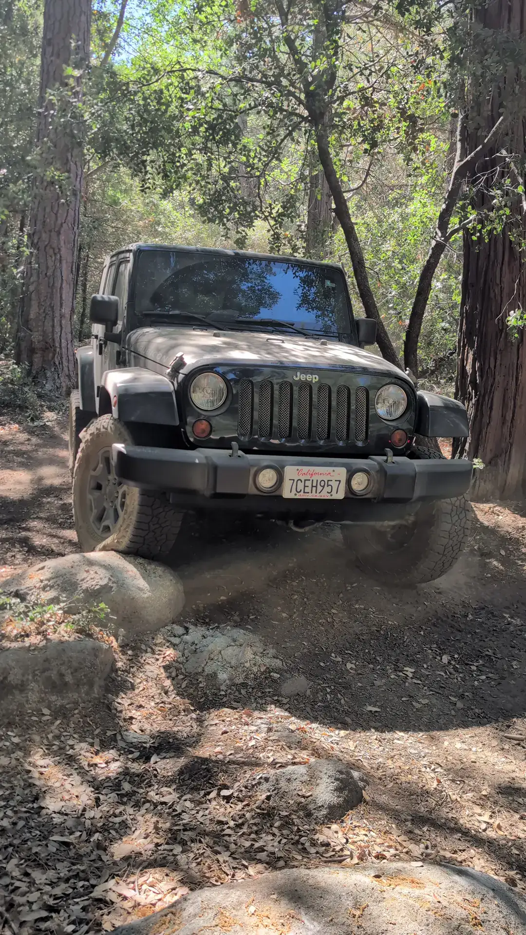 Black Jeep navigating a rocky forest trail on the San Jac Creek Crossing route