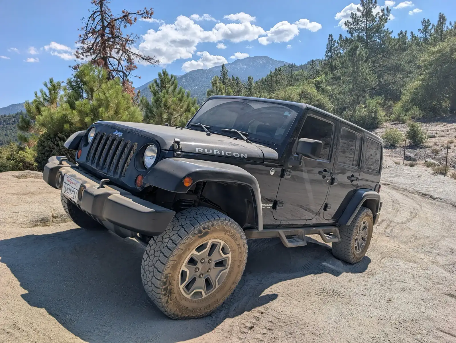 Black Rubicon Jeep on the San Jacinto Ridge Truck Trail with pine-covered mountains behind
